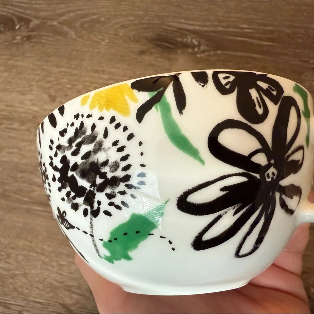 Crate & Barrel 2014 Floral Mug Abstract Chic Coffee Cup Minimalist Black Yellow